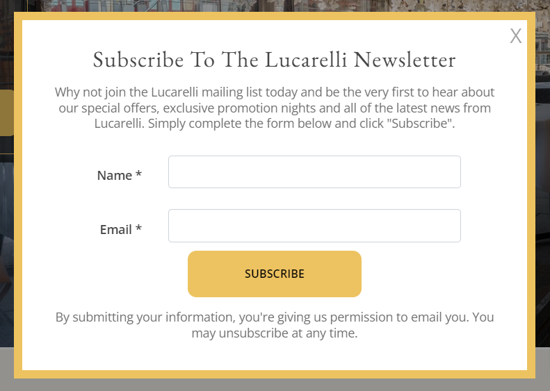lucarelli newsletter sign up form pop up