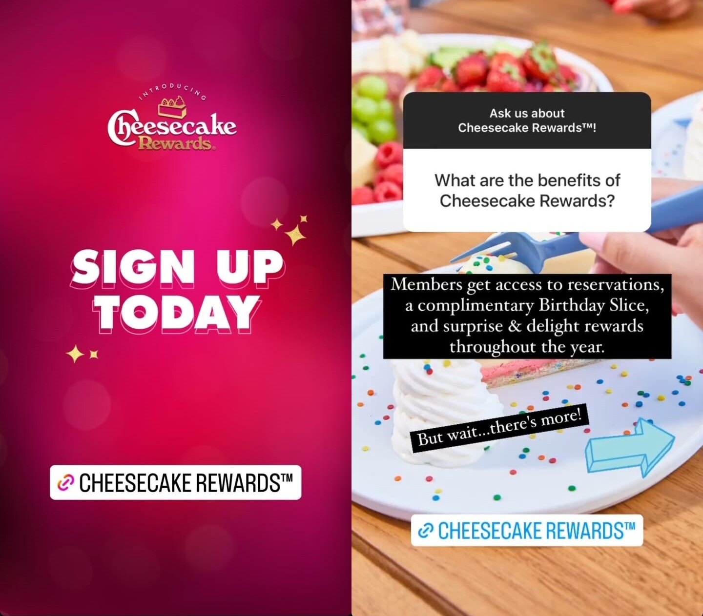 screenshot of a cheesecake factory instagram story promoting their rewards program