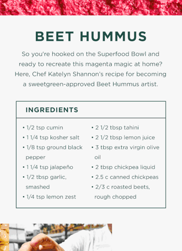 screenshot of a sweetgreen email sharing their beet hummus recipe