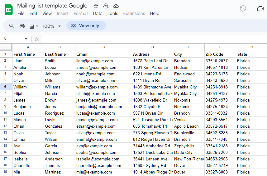 restaurant mailing list example in a spreadsheet