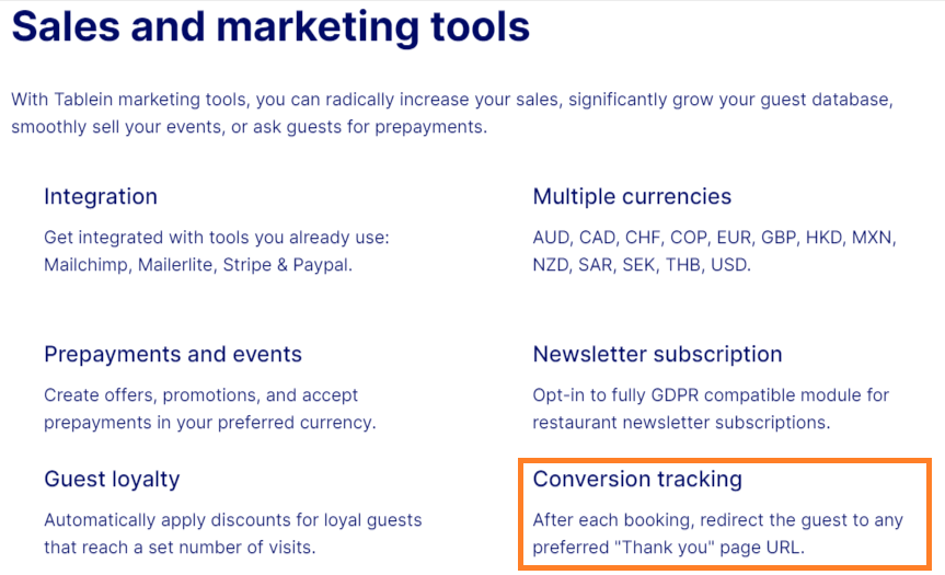 screenshot of tablein sales and marketing tools