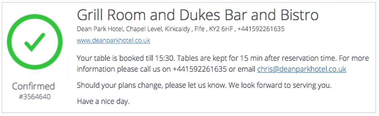 tablein restaurant reservation confirmation email