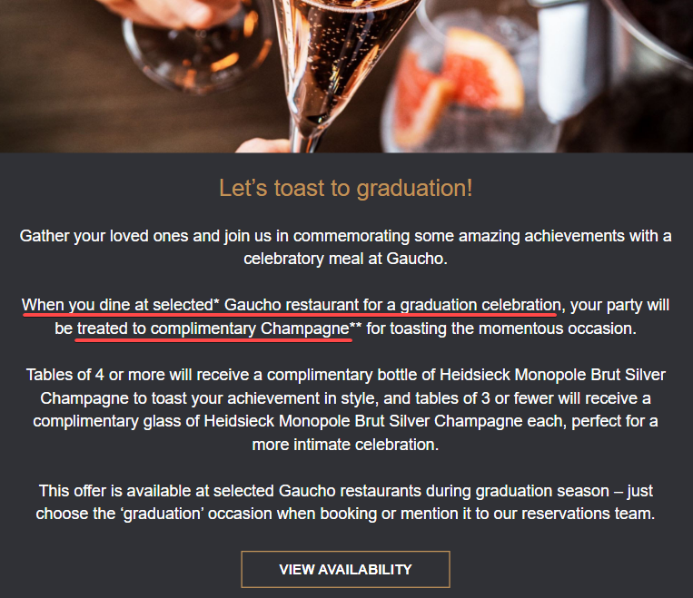 gaucho restaurant email promoting a free champagne offer for graduates