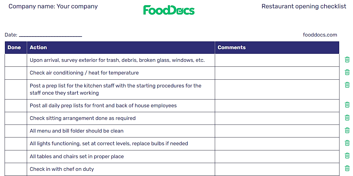 restaurant opening checklist example