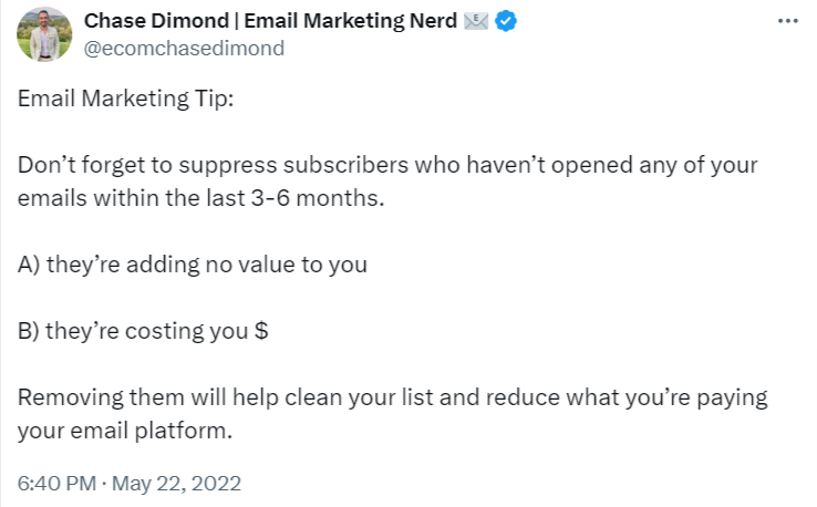 screenshot of a tweet explaining that it's important to suppress inactive email list subscribers