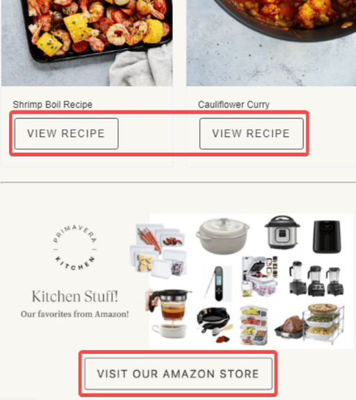 screenshot of a restaurant email with different ctas